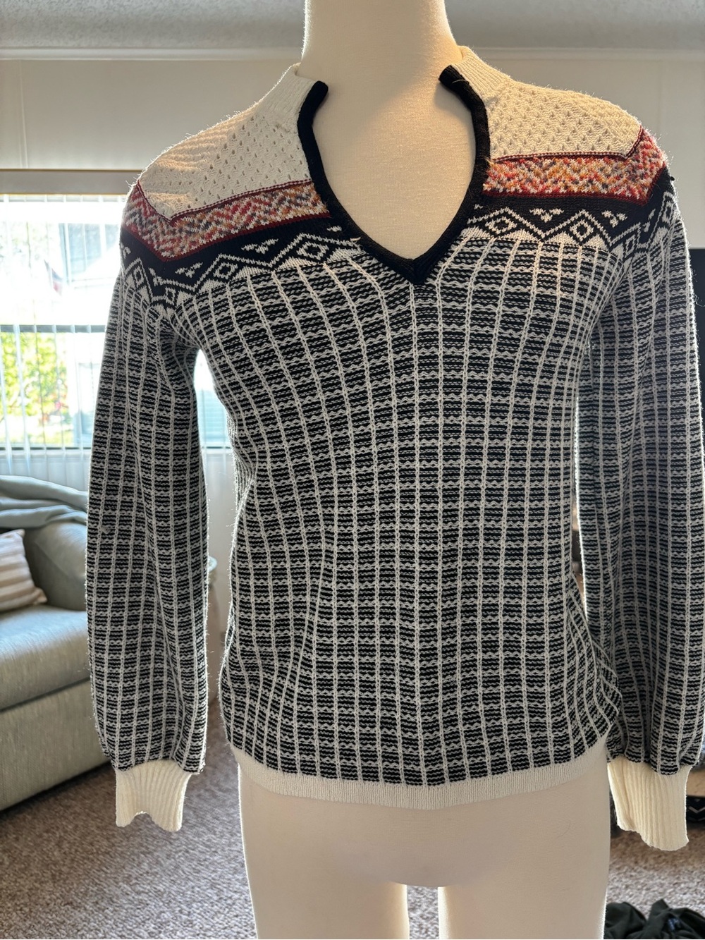 Vintage Striped Knit V-Neck Sweater in Black & White with Multicolor Yoke
